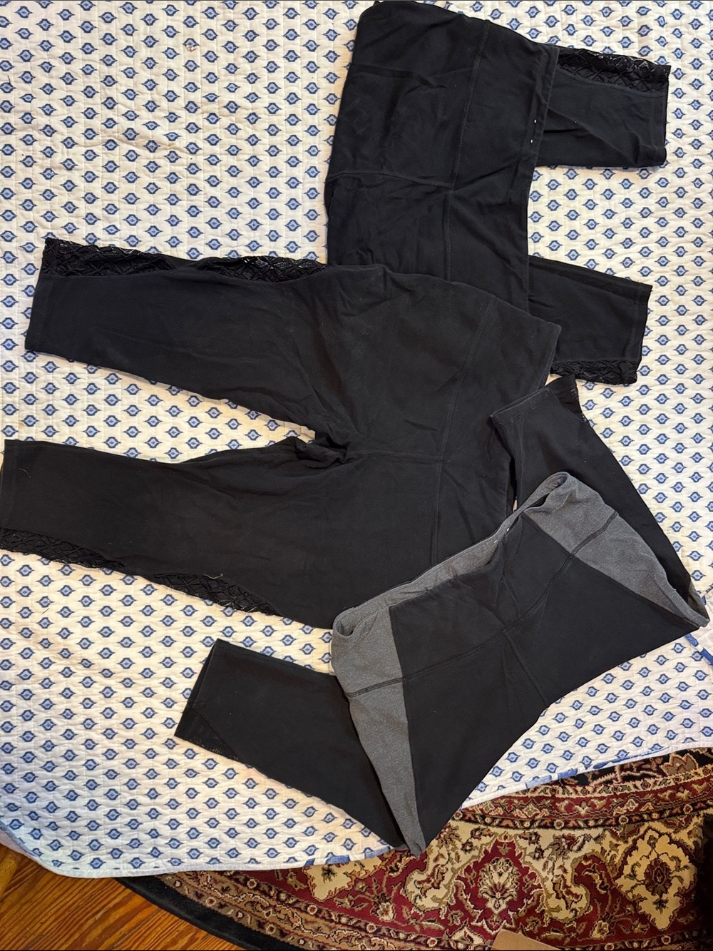3 pair Xersion 2X Black Women's High-Waist Leggings with Lace Trim sides